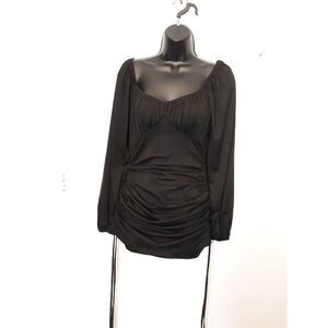 Solid black adjustable drawstring ruched side dress